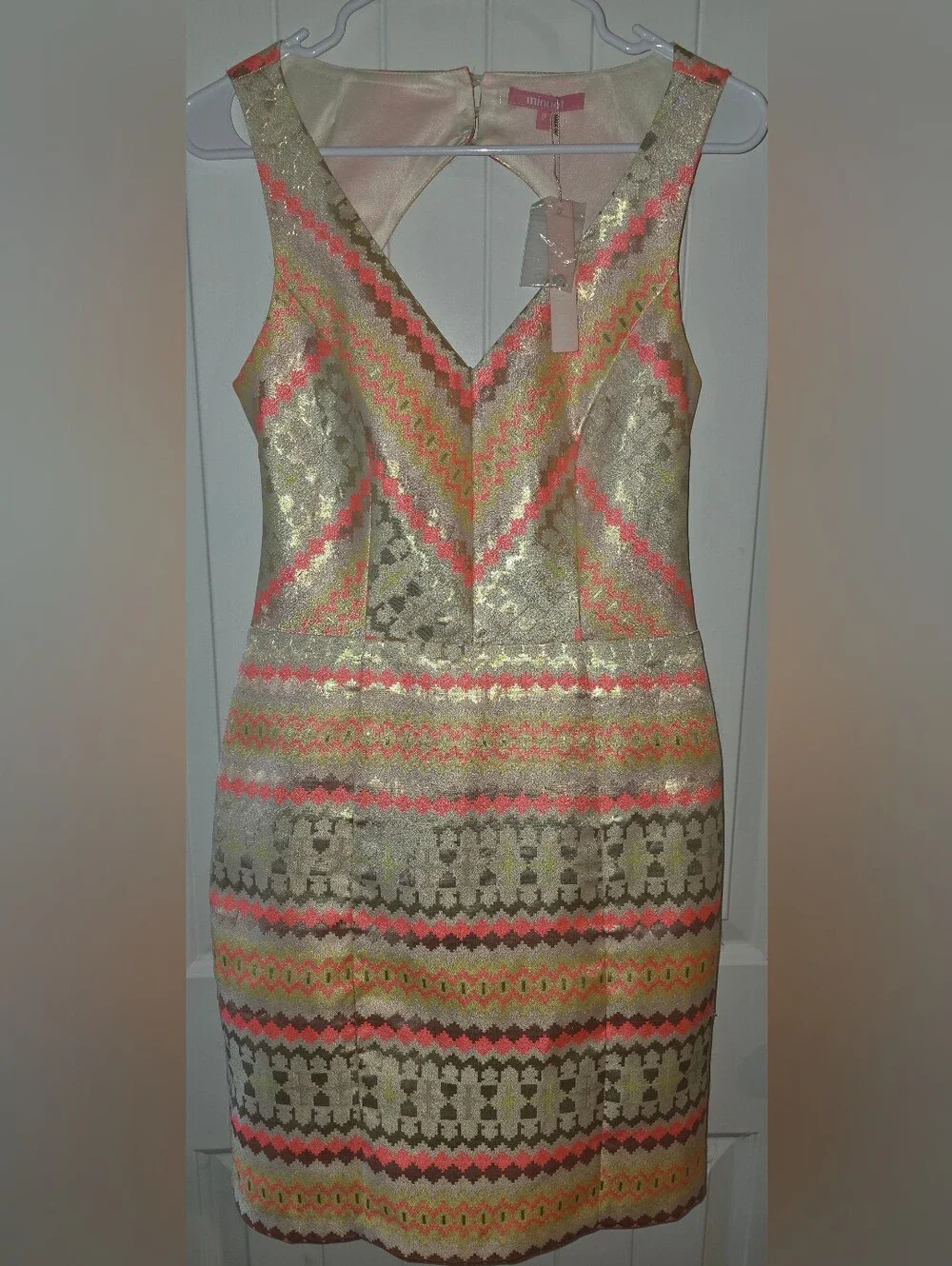 Minuet Gold Metallic Chevron Sheath Dress with Coral Accents NWT Medium